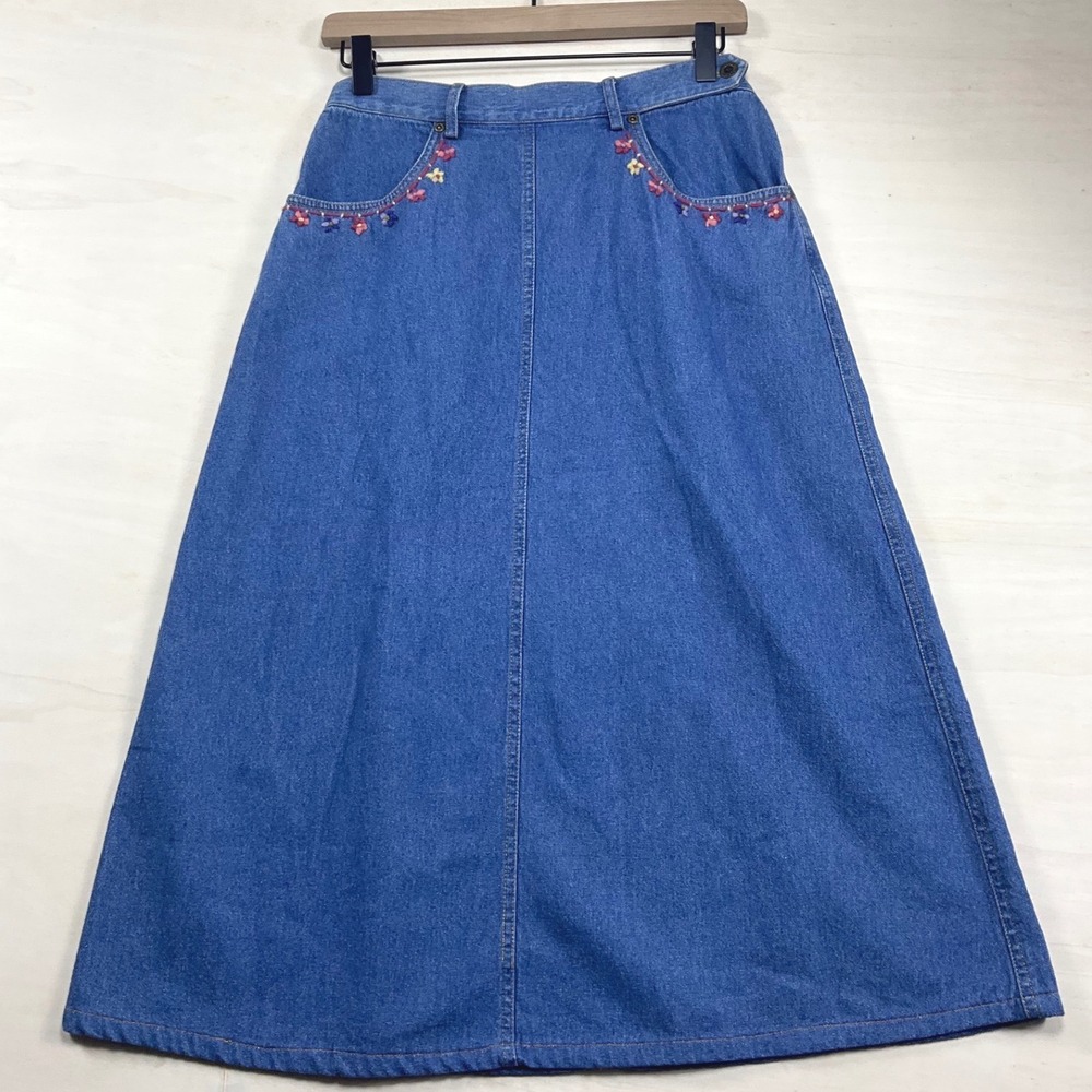 Susan Bristol Casuals Vintage Denim Maxi Skirt Embroidered Floral Blue 8P